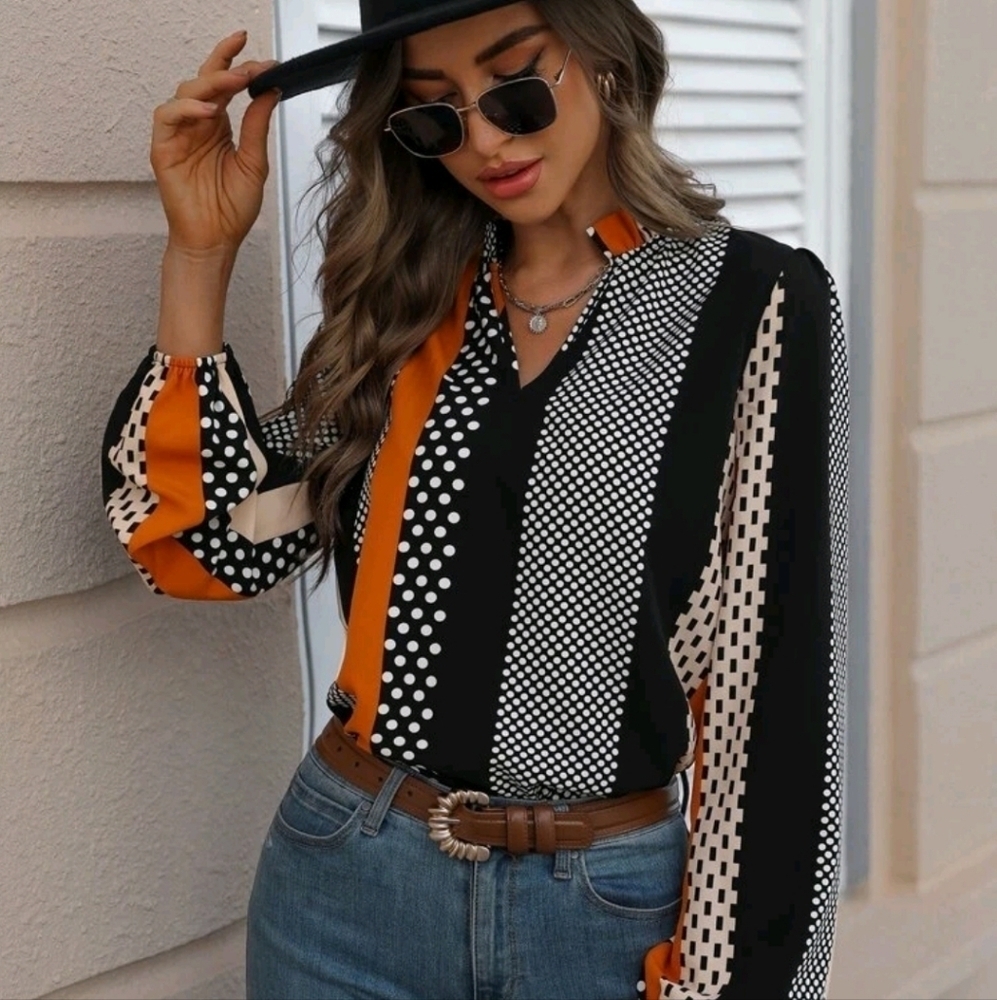 Polka Dot Notched Neckline Blouse - Picture 2 of 6